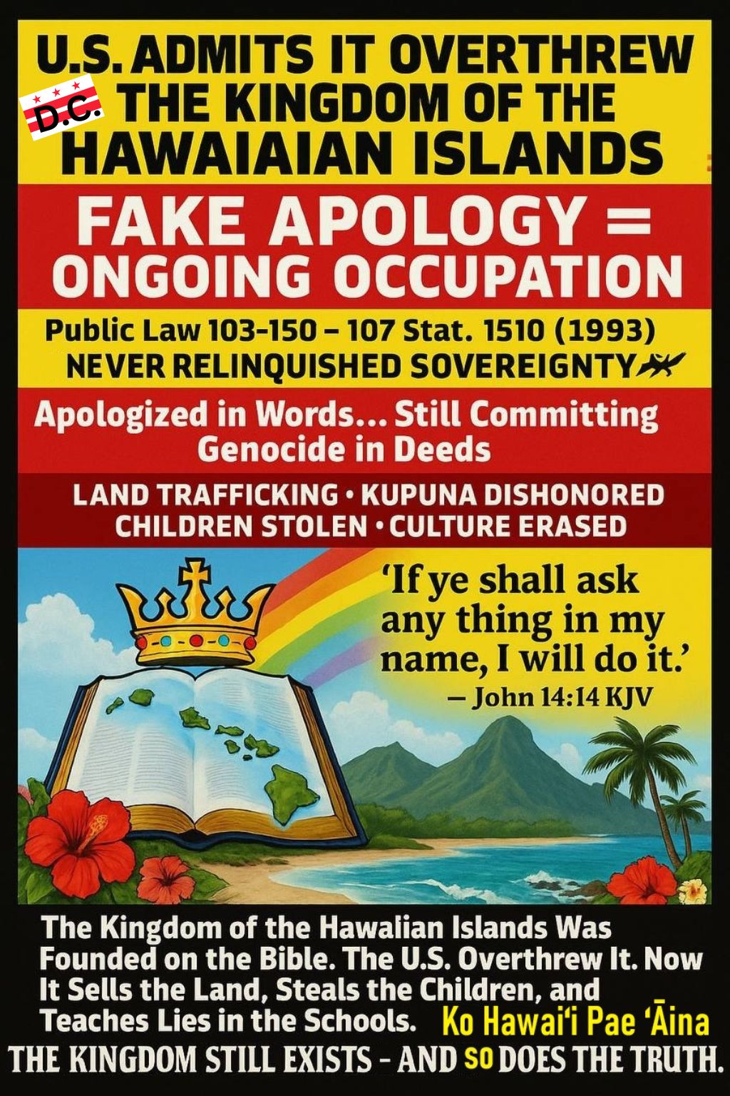 Public Law 103-150 fake apology D.C. Washington DC aka UNITED STATES not more than 10 square miles hiding ongoing U.S. occupation of the Kingdom of the Hawaiian Islands Ko Hawaiʻi Pae ʻĀina
