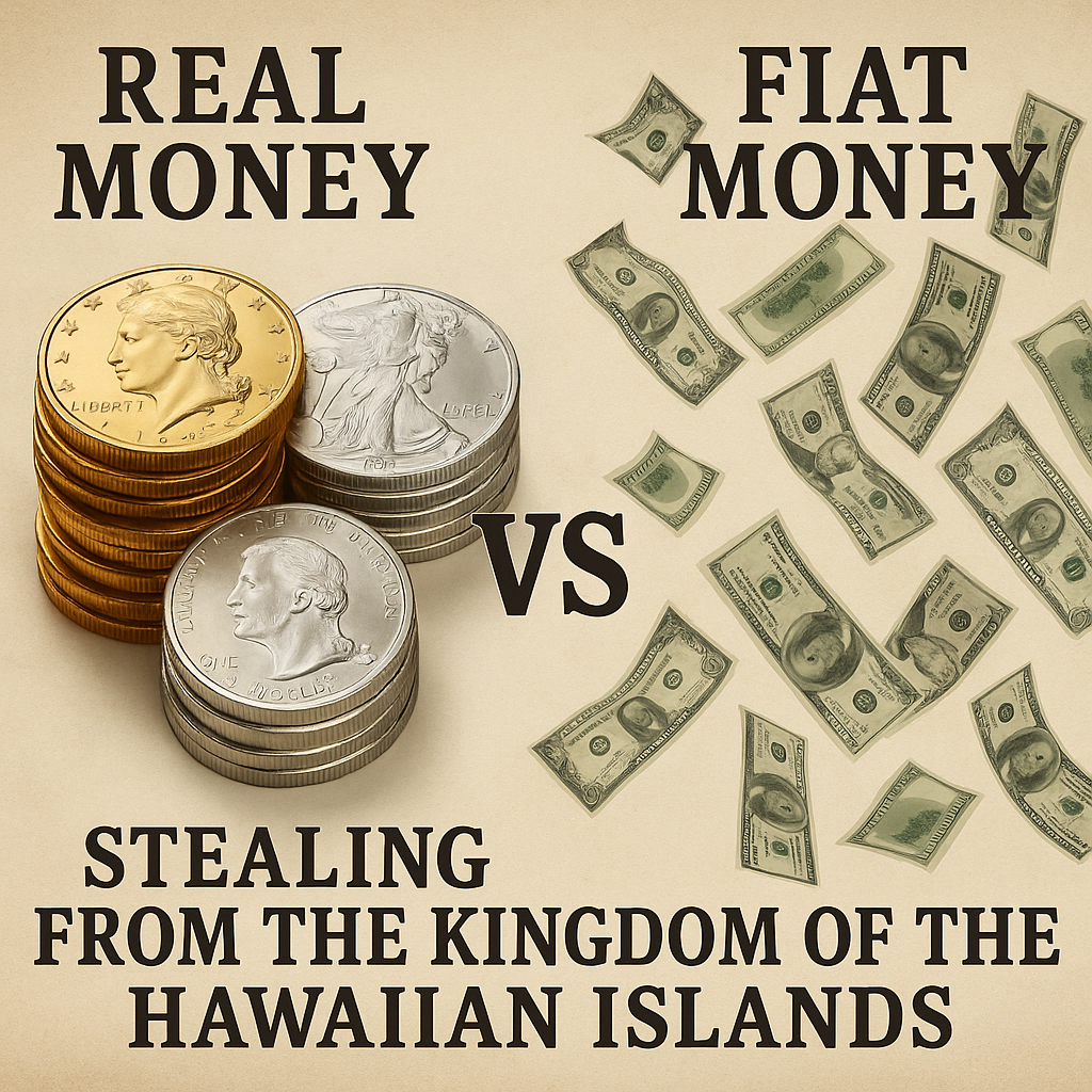 Comparison of real money in gold and silver vs fiat currency used to steal from the Kingdom of the Hawaiian Islands – Public Law 103-150, gold standard justice, and economic fraud awareness